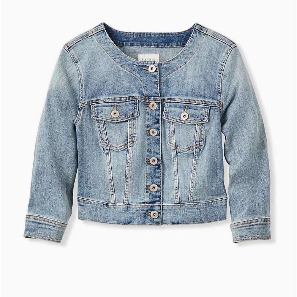 🆕 3X CROP COLLARLESS DENIM JACKET - LIGHT WASH